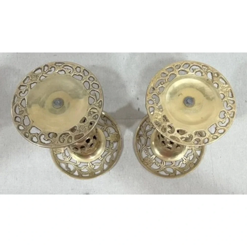 Vintage Brass Openwork Lattice Candlestick Holders Ornate Pierced Set of 2 9in